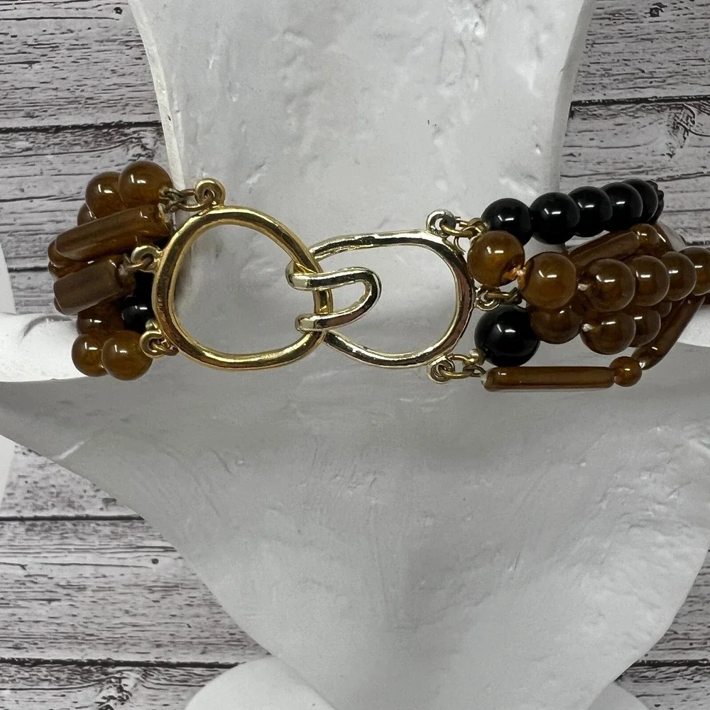 Vintage Beaded Necklace Multi Strand Brown Black Square Round